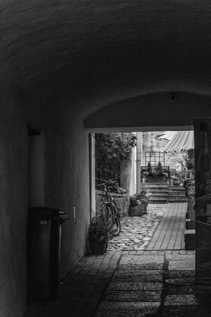 English: Black and white view from a dark arched passage into a bright cobblestone alleyway in Tallinn Old Town, with a bicycle and potted plants. Estonian: Mustvalge vaade pimedast kaarvõlviga käigust valgusküllasele munakividega kaetud alleele Tallinna vanalinnas, jalgratta ja potitaimedega
