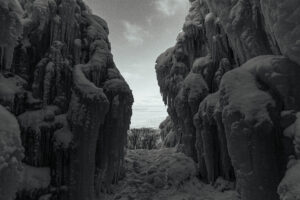 Frozen landscape with icy formations.