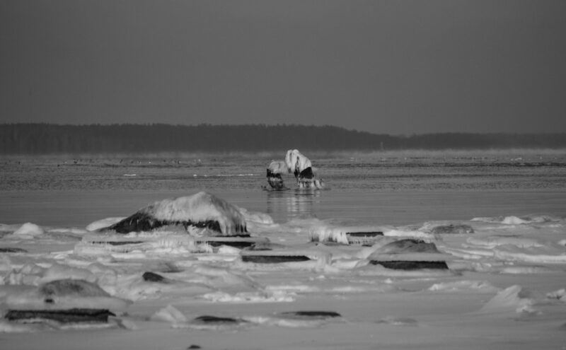 Frozen landscape with icy rocks