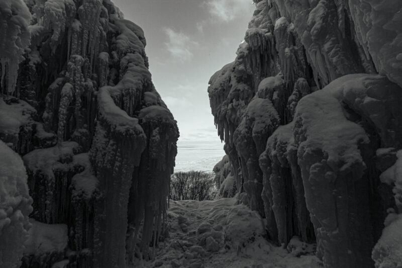 Frozen landscape with icy formations.